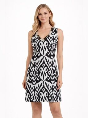 Boston Proper Black White Ikat Print Beaded Shift beach wedding guest graduation